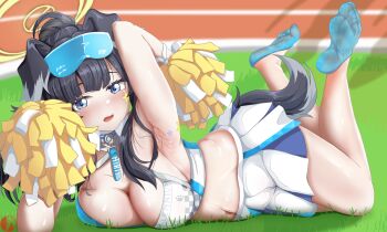 1girl animal_ears armpits black_hair blue_archive blue_eyes blush breasts cheerleader cleavage danda_draws feet hibiki_(blue_archive) hibiki_(cheer_squad)_(blue_archive) highres long_hair looking_at_viewer navel no_shoes socks soles toes