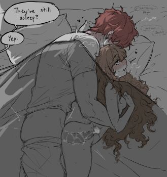 Rule 34 | arched back, blush, breasts, character request, clothed male nude female, commentary, copyright request, cum, cum in pussy, ejaculation, english commentary, english text, heart, hetero, highres, internal cumshot, long hair, marblechii, nude, on bed, penis, pillow, sex, sketch, small breasts, speech bubble, spot color, sweat, vaginal