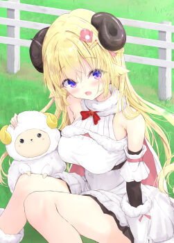 1girl animal_ears blonde_hair blush commentary_request dress fence fur-trimmed_dress fur_trim grass hair_ornament hairpin highres hololive horns kouda_suzu long_hair open_mouth outdoors purple_eyes sheep_ears sheep_girl sheep_horns sleeveless sleeveless_dress solo tsunomaki_watame tsunomaki_watame_(1st_costume) very_long_hair virtual_youtuber watamate white_dress wooden_fence