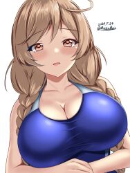 Rule 34 | 1girl, alternate breast size, blue one-piece swimsuit, blush, braid, breasts, cleavage, collarbone, competition swimsuit, covered navel, dated, highres, kantai collection, large breasts, light brown hair, long hair, looking at viewer, low twin braids, minegumo (kancolle), montemasa, one-hour drawing challenge, one-piece swimsuit, open mouth, red eyes, solo, swimsuit, twin braids, twitter username, two-tone swimsuit, upper body
