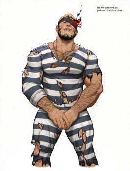 1boy adversarial_noise balor_(housamo) bara beard black_hair blonde_hair blue_eyes chest_hair covering_crotch covering_privates cowboy_shot dog_tags eyepatch facial_hair flaming_eye full_beard hairy head_tilt highres large_pectorals looking_at_viewer male_focus male_pubic_hair marcus_(rnarccus) mature_male multicolored_hair muscular muscular_male own_hands_together paid_reward_available pants pectoral_cleavage pectorals prison_clothes pubic_hair pubic_hair_peek shirt short_hair solo standing thick_arm_hair thick_beard thick_chest_hair thick_eyebrows thick_leg_hair thick_neck thick_thighs thighs tokyo_houkago_summoners torn_clothes torn_pants torn_shirt tsurime tusks two-tone_beard two-tone_hair