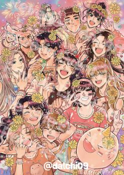 6+boys 6+girls ;d aerial_fireworks alternate_costume biyoo_(omniscient_reader's_viewpoint) blurry bokeh bracelet can closed_eyes commentary crescent crescent_earrings dalchi09 depth_of_field drink_can earrings english_commentary everyone fireworks flower gong_pildu grin hair_flower hair_ornament halo han_myungoh han_sooyoung hat head_wreath heart heart_hands holding holding_can jewelry jung_heewon kim_dokja kyrgios_rodgraim lee_gilyoung lee_hyunsung lee_jihye lee_seolhwa multiple_boys multiple_girls omniscient_reader's_viewpoint one_eye_closed open_mouth pearl_bracelet shin_yoosung smile sticker sticker_on_face tank_top v white_tank_top yoo_joonghyuk yoo_mia yoo_sangah