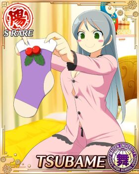 1girl alternate_hairstyle bedroom blush_stickers border breasts button_gap card_(medium) character_name christmas_stocking cleavage closed_mouth game_cg green_eyes grey_hair holly large_breasts long_hair looking_at_object official_art on_bed pajamas pink_pajamas purple_socks seiza senran_kagura senran_kagura_new_wave sitting smile socks solo swept_bangs third-party_source tsubame_(senran_kagura)