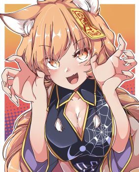 1girl :d absurdres alternate_costume animal_ears black_dress blonde_hair breasts chinese_clothes claw_pose cleavage commentary_request dress fang fox_ears fox_girl fox_tail gokuu_(acoloredpencil) gradient_background halloween halloween_costume hands_up highres large_breasts looking_at_viewer medium_hair ofuda ofuda_on_head open_mouth skin_fang slit_pupils smile solo tail thighs touhou yakumo_ran yellow_eyes