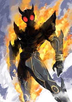 1boy absurdres armor bodysuit facing_viewer fire helmet highres kamen_rider kamen_rider_kuuga kamen_rider_kuuga_(series) kkaijju male_focus red_eyes solo standing tokusatsu