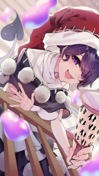 1girl blob blue_eyes blue_hair blush breasts doremy_sweet dream_soul dress hat highres holding ishikawa_sparerib large_breasts nightcap open_mouth pom_pom_(clothes) red_hat short_hair smile solo tail tapir_tail touhou white_dress