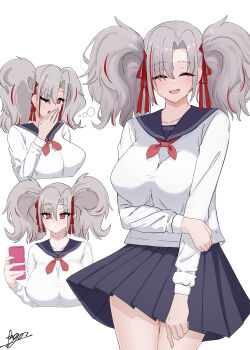 Rule 34 | 1girl, ;o, absurdres, alternate costume, argar demo, azur lane, blue eyes, blue sailor collar, blue skirt, blush, breasts, commentary request, expressionless, frown, hair over one eye, hair ribbon, hand on own arm, highres, holding, holding phone, large breasts, long hair, miniskirt, multicolored hair, multiple views, neckerchief, one eye closed, phone, pleated skirt, prinz adalbert (azur lane), red eyes, red hair, red neckerchief, red ribbon, ribbon, sailor collar, school uniform, shirt, skirt, sleepy, smile, solo, streaked hair, thighs, twintails, two-tone hair, upper body, white hair, white shirt, yawning