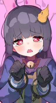 1girl absurdres animal_ears bell belt_collar black_gloves black_hair blue_archive blue_shirt blush collar collarbone commentary_request cuffs fake_animal_ears gloves halo handcuffs headset heart heart_in_eye highres long_hair long_sleeves looking_at_viewer miyu_(blue_archive) neck_bell neckerchief open_mouth pink_background pink_collar rabbit_ears red_eyes shirt sidelocks simple_background solo symbol_in_eye tearing_up urashima_jiro white_shirt yellow_neckerchief