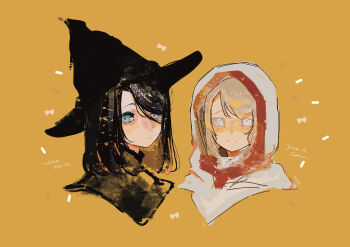 2girls black_hat blind blonde_hair blue_eyes character_name commentary_request dark_souls_(series) dark_souls_iii grey_eyes hat highres hood hood_up irina_of_carim karla_(dark_souls) long_hair looking_at_viewer melo_(_suzume_o_) multiple_girls simple_background witch witch_hat yellow_background