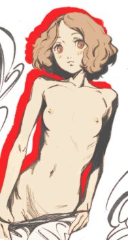 1girl breasts brown_hair butterchalk highres looking_at_viewer navel nipples okumura_haru parted_lips persona persona_5 red_eyes short_hair sketch small_breasts solo wavy_hair