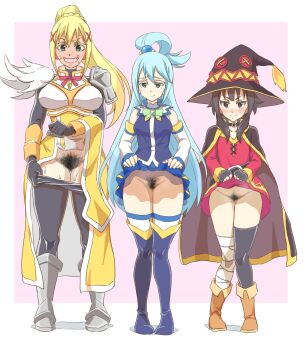 3girls aqua_(konosuba) armor armored_boots bandaged_leg bandages bare_shoulders belt_collar black_cape black_hair blonde_hair blue_eyes blue_hair blue_skirt blue_vest blush boots bow breasts camekirin cape clothes_lift clothes_pull collar collarbone darkness_(konosuba) detached_sleeves dress dress_lift excessive_pubic_hair female_pubic_hair fingerless_gloves flat_chest gloves green_bow green_eyes hair_between_eyes hair_bobbles hair_ornament hat highres kono_subarashii_sekai_ni_shukufuku_wo! large_breasts leg_wrap lifting_own_clothes long_hair looking_at_viewer matching_hair/eyes medium_breasts medium_hair megumin mismatched_pubic_hair multiple_girls no_panties pantyhose pantyhose_pull pink_background ponytail pubic_hair pulling_own_clothes red_bow red_dress red_eyes shoulder_armor sidelocks simple_background skirt skirt_lift smile smirk source_request sweat nervous_sweating tagme tearing_up thigh_boots thighhighs two-tone_background very_long_hair vest white_background witch_hat x_hair_ornament