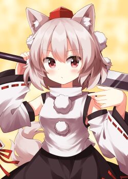 1girl animal_ear_fluff animal_ears bare_shoulders black_skirt blush closed_mouth commentary_request cowboy_shot detached_sleeves grey_hair hands_up hat highres inubashiri_momiji looking_at_viewer pom_pom_(clothes) red_eyes red_hat ribbon-trimmed_sleeves ribbon_trim ruu_(tksymkw) shirt short_hair skirt sleeveless sleeveless_shirt solo tail tokin_hat touhou turtleneck turtleneck_shirt white_shirt white_sleeves wide_sleeves wolf_ears wolf_girl wolf_tail