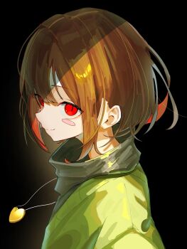 Rule 34 | 1other, androgynous, black background, brown hair, chara (undertale), commentary, green sweater, heart, heart necklace, highres, hiyoko mame (kvdz3ummnr39323), jewelry, light smile, looking at viewer, necklace, other focus, red eyes, short hair, simple background, slit pupils, solo, sweater, undertale, utdr (toby fox)