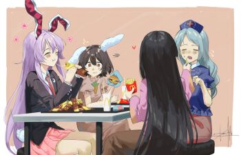 4girls :t animal_ears black_hair blazer blue_shirt brown_dress brown_skirt burger carrot_necklace cheese cheese_trail closed_eyes collared_shirt commentary_request cowboy_shot crescent crescent_pin cup disposable_cup dress eating fast_food feeding floppy_ears food french_fries grey_hair hat highres holding holding_burger holding_food houraisan_kaguya inaba_tewi jacket jewelry long_hair long_sleeves looking_at_another mcdonald&#039;s multiple_girls necklace necktie nurse_cap open_mouth otomeza_ryuseigun pink_shirt pink_skirt pleated_skirt puffy_short_sleeves puffy_sleeves purple_hair rabbit_ears rabbit_girl rabbit_tail red_necktie red_skirt reisen_udongein_inaba shirt short_hair short_sleeves sitting skirt table tail touhou very_long_hair white_shirt yagokoro_eirin