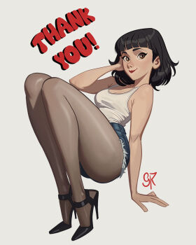 1girl arm_support artist_name black_hair blunt_bangs breasts brown_eyes cleavage closed_mouth cutoffs english_text galmesh_rosewood high_heels highres looking_at_viewer medium_breasts original pantyhose short_hair simple_background solo tank_top white_background white_tank_top