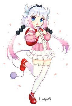 1girl backpack bag beads black_hairband blue_eyes bow cherry_blossoms dragon_horns dress hair_ornament hairband himaya horns kanna_kamui kobayashi-san_chi_no_maidragon long_hair open_mouth petals randoseru shoes solo tail thighhighs twintails