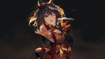 1girl ahoge animal_ears black_gem black_hair breasts chanchanko_(clothes) character_name cleavage cleavage_cutout clothing_cutout commentary_request detached_sleeves drawer_bushi_huajia ear_ornament gem hair_between_eyes highres holding holding_microphone horse_ears horse_girl kitasan_black_(crowning_ooban)_(umamusume) kitasan_black_(umamusume) kouhaku_nawa looking_at_viewer medium_breasts microphone multicolored_hair one_eye_closed open_mouth reaching reaching_towards_viewer red_eyes rope shimenawa short_hair smile solo streaked_hair umamusume white_hair