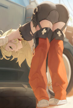1girl absurdres ass bent_over black_shorts black_tube_top breasts commentary english_commentary green_eyes gueya highres long_hair motor_vehicle paid_reward_available piper_wheel red_thighhighs shoes shorts small_breasts solo strapless thighhighs thighs truck tube_top white_shoes zenless_zone_zero