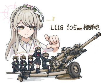 Rule 34 | 6+girls, alternate headwear, ammunition, artillery shell, black hair, black sailor collar, black serafuku, blue archive, brown hair, combat helmet, commentary, commentary request, cropped torso, flower, full body, hair flower, hair ornament, hair over eyes, halo, hat, helmet, howitzer, justice task force member (blue archive), l118 light gun, long hair, long sleeves, multiple girls, nagisa (blue archive), neckerchief, o2otsu, red halo, red neckerchief, sailor collar, school uniform, serafuku, shadow, simple background, sitting, standing, towed artillery, translation request, white background