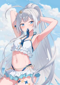 1girl absurdres ahoge armpits arms_up beach bikini blue_eyes blue_hairband blue_sky blush breasts closed_mouth cloud commentary female_tyrant_(stella_sora) frills grey_hair hair_ornament hair_tie_in_mouth hairband highres long_hair looking_at_viewer mouth_hold navel open_mouth outdoors pointy_ears simple_background skindentation sky small_breasts solo stella_sora swimsuit symbol-only_commentary tying_hair tyrant_(stella_sora) very_long_hair white_background white_bikini yaruwashi
