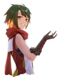 Rule 34 | 1girl, adjusting clothes, adjusting gloves, bare shoulders, brown eyes, brown gloves, commentary request, cropped torso, elbow gloves, from side, glove pull, gloves, green hair, grin, highres, kis sako, looking at viewer, looking to the side, multicolored hair, orange hair, original, red scarf, scarf, simple background, smile, solo, two-tone hair, upper body, white background