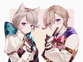 1boy 1girl :3 animal_ear_fluff animal_ears aqua_bow aqua_bowtie aqua_streaks black_capelet black_gloves blonde_hair blunt_bangs blush border bow bowtie braid brother_and_sister brown_bow brown_bowtie buttons capelet cat_ears closed_mouth commentary_request detached_sleeves expressionless eyelashes facial_mark frilled_shirt_collar frills genshin_impact gloves gradient_background grey_hair hair_between_eyes hair_bow hand_up highres huge_bow index_finger_raised juliet_sleeves long_sleeves looking_at_viewer lynette_(genshin_impact) lyney_(genshin_impact) multicolored_gloves multicolored_hair nekorin_chu parted_bangs puffy_sleeves purple_eyes red_bow red_bowtie red_streaks shirt short_hair shrug_(clothing) siblings sidelocks single_braid sleeve_cuffs sleeveless sleeveless_shirt smile star_(symbol) star_facial_mark streaked_hair swept_bangs teardrop_facial_mark twins two-tone_gloves upper_body watermark white_border white_gloves white_shirt white_shrug white_sleeves