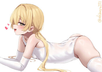 1girl ass bare_shoulders blonde_hair brown_eyes ebifurya elbow_gloves gloves hair_between_eyes kantai_collection leotard loli long_hair looking_at_viewer looking_to_the_side low_twintails one-hour_drawing_challenge satsuki_(kancolle) simple_background solo thighhighs twintails twitter_username very_long_hair white_background white_gloves white_leotard white_thighhighs