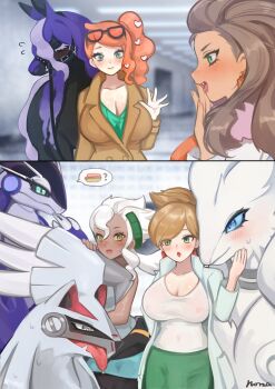 2koma absurdres professor_juniper blush breasts brown_hair professor_burnet cleavage coat comic dark-skinned_female dark_skin gen_5_pokemon gen_7_pokemon highres large_breasts legendary_pokemon miraidon nail_polish nintendo norza orange_hair pokemon pokemon_(creature) pokemon_bw pokemon_sm pokemon_sv pokemon_swsh reshiram professor_sada silvally smile sonia_(pokemon) spectrier sweatdrop tongue tongue_out trench_coat