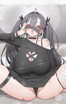 1girl absurdres black_choker black_hair black_panties black_shirt black_skirt breasts cameltoe choker cleavage commission covered_erect_nipples ear_piercing highres huge_breasts long_hair long_sleeves looking_at_viewer mask mask_lift mouth_mask open_mouth original panties piercing pinion red_eyes second-party_source shirt sitting skirt solo thigh_strap tongue tongue_out tongue_piercing twintails underwear