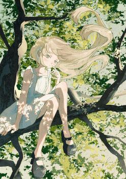 1girl absurdres black_shoes blonde_hair commentary_request dappled_sunlight day dress forest full_body grey_eyes hair_flowing_over hand_on_own_cheek hand_on_own_face high_heels highres light_particles long_hair looking_at_viewer nature nekory no_pupils original outdoors pumps scenery shoes sidelocks signature skirt sleeveless solo sunlight swept_bangs tree tree_shade white_dress