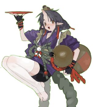 Rule 34 | 1girl, animal, animal on head, bike shorts, bird, black gloves, black hair, black shorts, cangzhu119911, character request, choko (cup), cup, earrings, fingerless gloves, gloves, gourd, green eyes, highres, holding, holding gourd, horns, japanese clothes, jewelry, kimono, long hair, looking at viewer, on head, open mouth, original, pointy ears, purple kimono, red pupils, red rope, rope, sakazuki, shorts, sidelocks, simple background, single horn, skin-covered horns, smile, solo, sparrow, thighhighs, toeless legwear, white background, white thighhighs