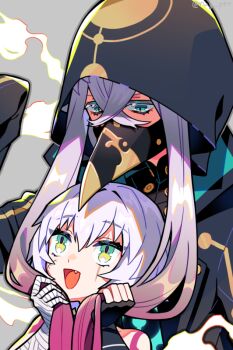 1boy 1girl :d asclepius_(fate) asclepius_(first_ascension)_(fate) bandaged_arm bandages bare_shoulders black_gloves commentary_request facing_viewer fang fate/grand_order fate_(series) fingerless_gloves gloves green_eyes grey_hair hair_between_eyes holding_another&#039;s_hair hood hood_up jack_the_ripper_(fate/apocrypha) long_hair long_sleeves looking_at_another looking_up mask open_mouth puteru scar scar_across_eye scar_on_face sleeves_past_fingers sleeves_past_wrists smile