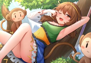 1girl animal arm_up armpits ass blue_dress blush blush_stickers brown_hair brown_tail collarbone commentary_request day dress feet_out_of_frame frilled_dress frills gold green_dress hand_up highres leaf light_rays looking_at_viewer medium_hair monkey monkey_girl monkey_tail multicolored_dress open_mouth orange_dress orange_eyes plant short_dress single_sleeve solo son_biten tail tearing_up tears touhou tree twitter_username waking_up wiping_tears yawning yu_cha