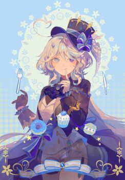 1girl :q ahoge ascot black_ascot black_coat black_gloves black_hat black_shirt blue_background blue_bow blue_eyes blue_hair blue_pupils bow brooch chinese_commentary coat commentary_request cowboy_shot cupcake donut enderrabbit eyelashes food fork frilled_sleeves frills furina_(genshin_impact) genshin_impact gloves hair_between_eyes hair_bow half_gloves hat heart heart_ahoge heterochromia highres jewelry knife long_hair looking_at_viewer macaron multicolored_hair open_clothes open_coat shirt shorts smile solo streaked_hair tongue tongue_out top_hat two-tone_hair very_long_hair vest white_hair white_shorts white_vest
