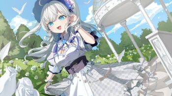 1girl animal bird black_corset blue_eyes blue_sky breasts bush character_request cloud commission copyright_request corset dress flower forest grey_dress hashtag-only_commentary highres long_hair medium_breasts multicolored_dress nature open_mouth outdoors plaid_clothes plaid_dress puffy_short_sleeves puffy_sleeves roena short_sleeves skeb_commission sky solo tree white_bird white_dress white_flower white_hair