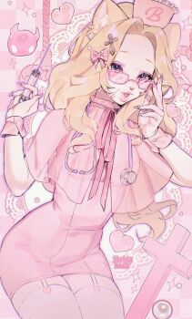 1girl adjusting_eyewear animal_ears animal_nose artist_name bad_tag betty_(noisykoala) blonde_hair blood blood_on_face blurry bow capelet cat_ears cat_girl checkered_background collar colored_skin commentary cowboy_shot cross cross_hair_ornament depth_of_field dress earrings english_commentary eyelashes eyeshadow eyewear_bow fingernails forehead four-pointed_star frilled_collar frilled_headwear frills furry furry_female garter_straps gem-studded_nails hair_bow hair_ornament hair_over_shoulder hat heart highres holding holding_syringe invisible_chair jewelry lace_background light_blush long_fingernails long_hair looking_at_viewer makeup neck_ribbon noisykoala noose nurse nurse_cap open_mouth original outer_glow outline parted_bangs pawpads pearl_earrings pearl_hair_ornament pink-framed_eyewear pink_background pink_blood pink_bow pink_capelet pink_dress pink_eyes pink_nails pink_ribbon pink_theme pink_wrist_cuffs polka_dot polka_dot_bow purple_eyeshadow purple_outline rectangular_eyewear ribbon see-through_capelet see-through_clothes short_dress sitting sleeveless sleeveless_dress syringe teeth thick_lips thighhighs tight_clothes tight_dress tongue upper_teeth_only wavy_hair white_garter_straps white_skin white_thighhighs wrist_cuffs
