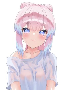 1girl blue_eyes blue_shirt blush center-flap_bangs closed_mouth colored_tips commentary_request double-parted_bangs genshin_impact highres long_hair looking_at_viewer multicolored_hair off-shoulder_shirt off_shoulder pink_hair raised_inner_eyebrows raodu sangonomiya_kokomi see-through_clothes see-through_shirt shirt short_eyebrows short_sleeves simple_background solo upper_body water_drop wet wet_clothes wet_shirt white_background