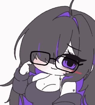 1girl animated animated_gif bags_under_eyes bare_shoulders black_dress black_hair black_sweater blush bonyong breasts chibi cleavage closed_mouth dress glasses goddess_of_victory:_nikke hair_over_one_eye label_(nikke) large_breasts long_sleeves looking_at_viewer messy_hair mole mole_on_breast multicolored_hair off_shoulder open_mouth purple_eyes purple_hair simple_background smile solo sweat sweater two-tone_hair upper_body white_background