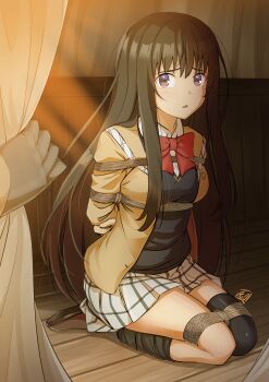 1boy 1girl absurdres arms_behind_back asymmetrical_legwear ayase_miharu bdsm black_hair black_sweater black_thighhighs blush bondage bound bound_ankles bound_arms bound_legs bound_wrists bow bowtie brown_jacket commission highres jacket long_hair looking_at_viewer miniskirt pixiv_commission plaid_clothes plaid_skirt pov pov_hands purple_eyes red_bow red_bowtie restrained rio_(seirei_gensouki) rope scene_reference school_uniform seirei_gensouki shibari shibari_over_clothes shirt skirt solo_focus sweater thighhighs uneven_legwear vakaosciosa very_long_hair white_shirt