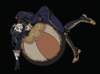 Rule 34 | 1girl, ball, bang dream!, bang dream! it's mygo!!!!!, black background, black boots, black gloves, black hair, black jacket, black pants, boots, commentary request, exercise ball, foot up, full body, gloves, hachibousei dance (bang dream!), highres, horokenmo, jacket, knee boots, looking at viewer, lying, lying on ball, official alternate costume, official art, on stomach, open mouth, pants, simple background, smile, solo, timoris (bang dream!), yahata umiri