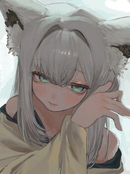 1girl absurdres alternate_costume animal_ear_fluff animal_ears aqua_eyes arm_up backlighting bare_shoulders blush commentary_request expressionless fox_ears fox_girl hair_between_eyes hair_intakes head_tilt highres hololive long_eyelashes long_sidelocks long_sleeves off_shoulder onichaiya parted_bangs parted_lips shade shirakami_fubuki shirt side_part sidelocks simple_background solo swept_bangs virtual_youtuber white_background white_hair yellow_shirt