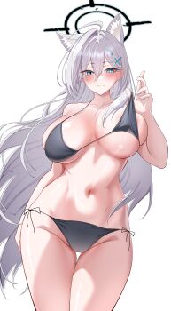 1girl absurdres ahoge animal_ear_fluff animal_ears bikini bikini_pull black_bikini black_halo blue_archive blue_eyes blush breasts closed_mouth clothes_pull commentary cowboy_shot cross_hair_ornament english_commentary grey_hair hair_ornament halo highres hyun_(hyun_j_w) large_breasts long_hair mismatched_pupils navel shiroko_terror_(blue_archive) side-tie_bikini_bottom simple_background smile solo swimsuit white_background wolf_ears wolf_girl