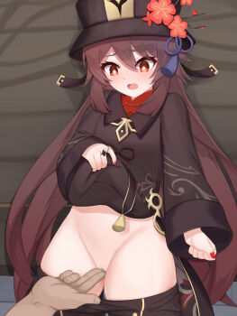 1boy 1girl blush breasts brown_hair brown_hat brown_pants brown_shirt cleft_of_venus clothes_lift clothes_pull commentary_request fingering flower-shaped_pupils genshin_impact hat highres hu_tao_(genshin_impact) jewelry kurotsubete large_variant_set open_mouth pants pants_pull pussy pussy_juice red_nails ring shirt shirt_lift small_breasts symbol-shaped_pupils textless_version twintails variant_set