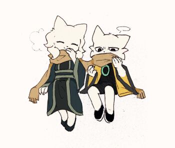 1boy 1girl ^_^ brother_and_sister cat_boy cat_girl chinese_clothes closed_eyes closed_mouth furry furry_female furry_male hashtag-only_commentary heng_(nine_sols) highres nearlydusk nine_sols orange_scarf scarf shared_clothes shared_scarf siblings simple_background sitting smile white_background white_fur yi_(nine_sols)