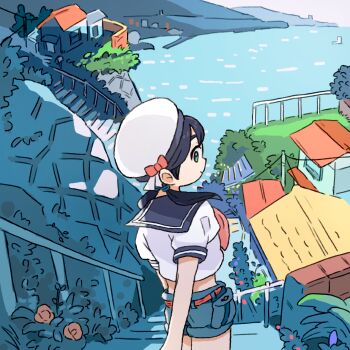 Rule 34 | 1girl, blue eyes, bow, commentary request, from above, hat, hat bow, highres, house, looking at viewer, nagano prefecture, ocean, original, scenery, school uniform, seascape, serafuku, shorts, takaichi (tkch), town, twintails