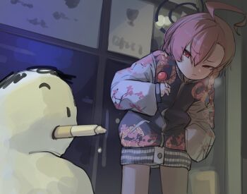 ahoge bad_link blue_archive candy cigarette closed_mouth floral_print food half-closed_eyes halo hand_in_pocket highres holding holding_candy holding_food holding_lollipop jacket leaning_forward lollipop long_sleeves mole mole_under_eye neru_(blue_archive) red_eyes red_hair sensei_(blue_archive) source_request