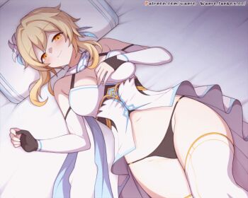 1girl animated animated_gif bare_shoulders bed_sheet black_panties blonde_hair blush breasts detached_sleeves disembodied_hand dress flower from_above genshin_impact gloves hair_flower hair_ornament large_breasts large_variant_set long_sleeves lumine_(genshin_impact) lying navel on_back on_bed orange_eyes panties partially_fingerless_gloves pillow solo_focus thighhighs underwear variant_set waero white_dress white_flower white_thighhighs