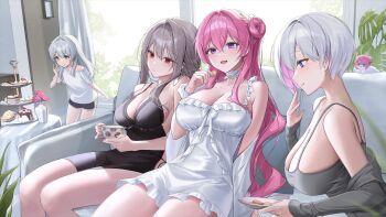 4girls absurdres black_nightgown black_shorts blue_eyes breasts cake cleavage cross-shaped_pupils cup dolphin_shorts doro_(nikke) dorothy_(nikke) food goddess_of_victory:_nikke grey_hair grey_tabard hair_bun hashtag-only_commentary highres holding holding_cup idasu_(hyun9164) indoors large_breasts liliweiss_(nikke) long_hair multicolored_hair multiple_girls nightgown plant potted_plant purple_eyes purple_hair scarlet_(nikke) shirt short_hair shorts single_side_bun snow_white_(innocent_days)_(nikke) snow_white_(nikke) symbol-shaped_pupils tabard thighs two-tone_hair very_long_hair white_hair white_nightgown white_shirt yellow_eyes