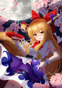 2girls absurdres alcohol belt blonde_hair blue_ribbon bow bowtie brown_eyes cherry_blossoms clone commentary_request cup falling_petals full_moon gourd hanging_on_horn highres holding holding_gourd horns ibuki_suika long_hair mini_person minigirl moon multiple_girls night petals purple_skirt red_bow red_bowtie ribbon sakazuki sake shadow shiguang_wuxia shirt skirt sleeveless sleeveless_shirt spilling touhou very_long_hair white_shirt wrist_cuffs