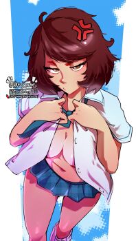 1girl absurdres anger_vein artist_name blue_necktie blue_skirt border breasts brown_eyes brown_hair center_opening commentary english_commentary haysey highres kawakami_sadayo large_breasts looking_at_viewer mature_female navel necktie persona persona_5 pleated_skirt school_uniform shirt short_hair skirt solo undersized_clothes white_border white_shirt